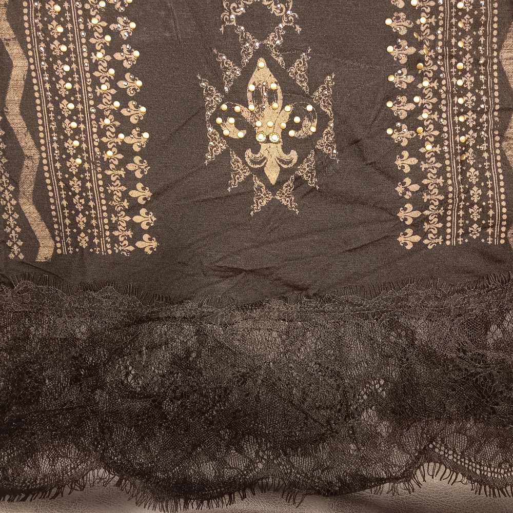 New! Vocal Black Graphic Embellished Cold Shoulder Top with Lace Detail - Picture 5 of 10